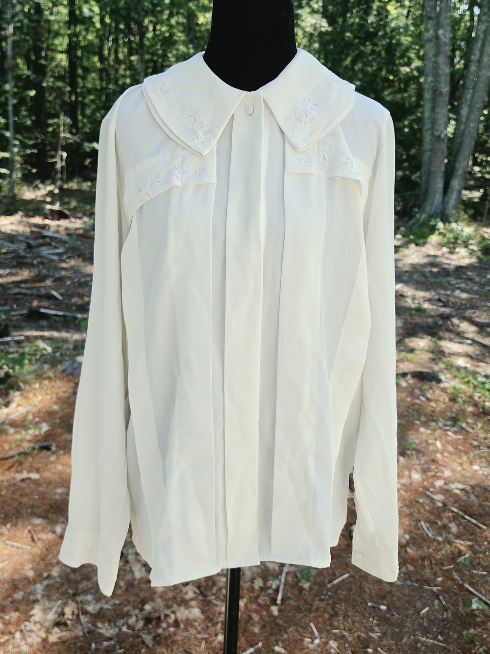 Vintage Embroidered Collar Ivory Top Poet Button Down Blouse Size L Cottagecore